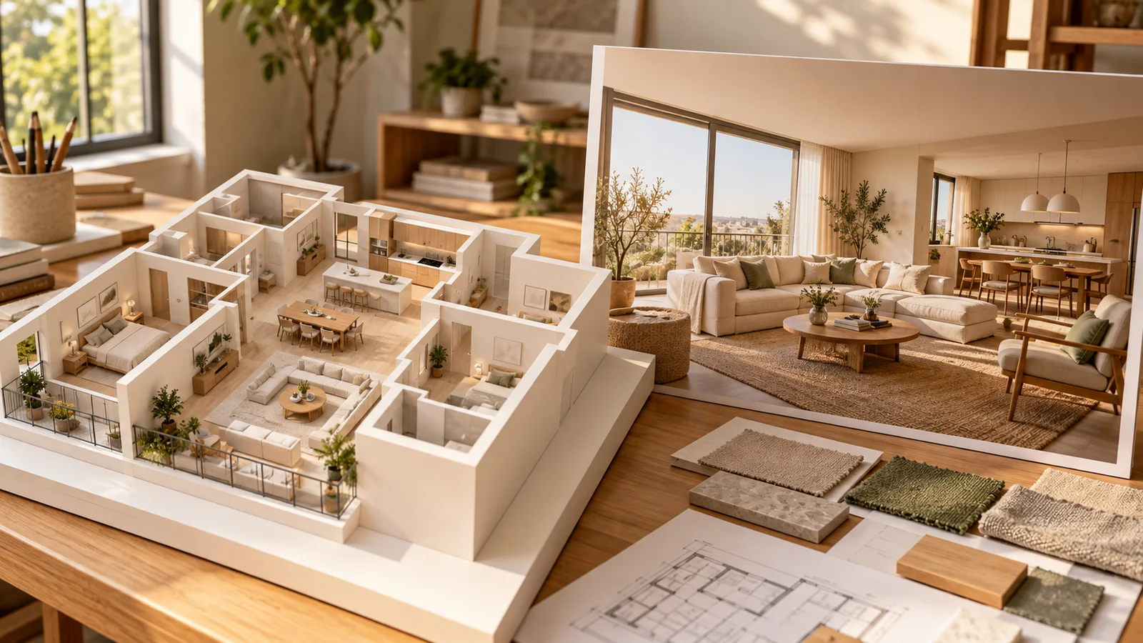 A physical apartment model beside a photographic interior design print