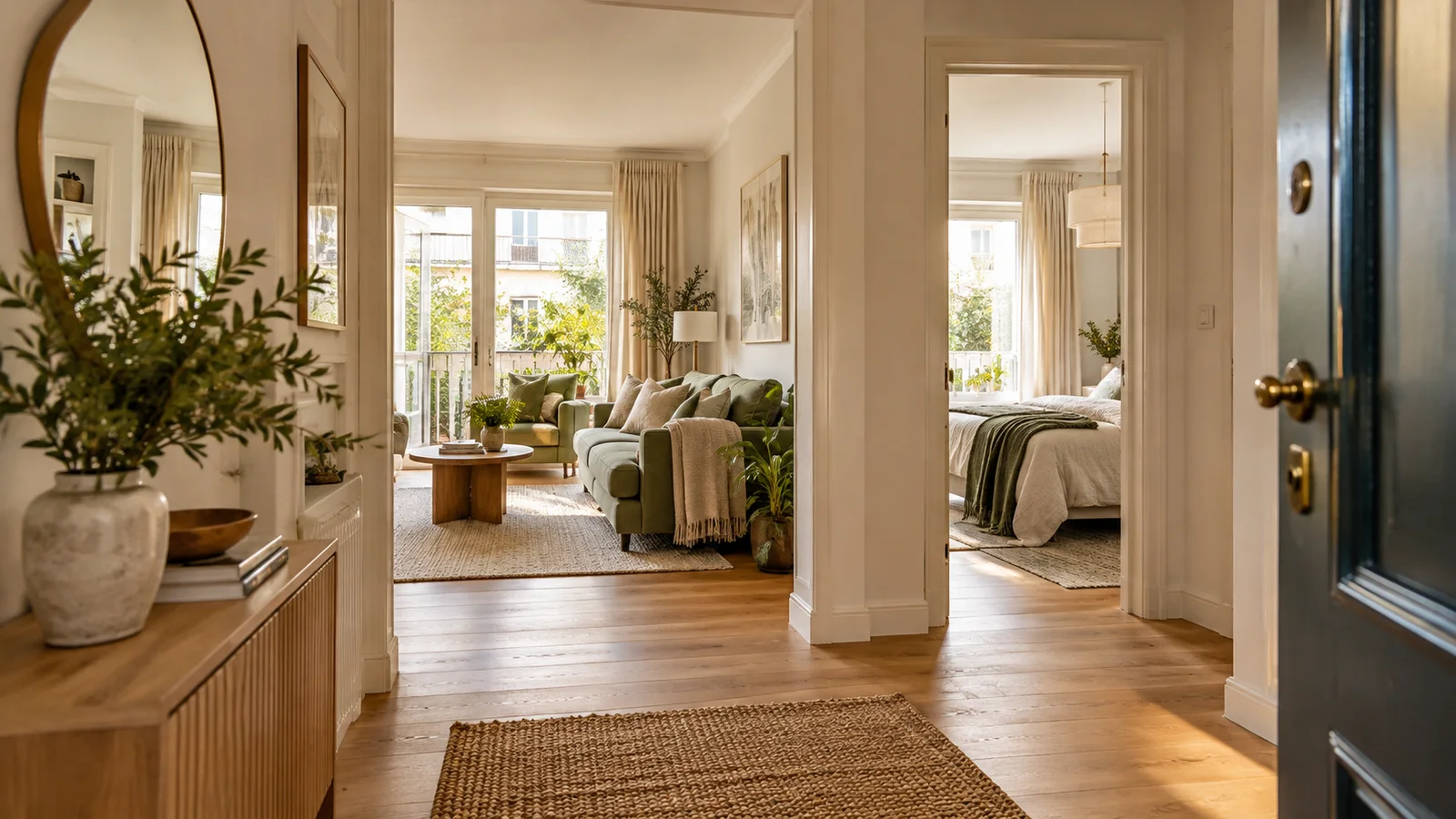 An entrance hallway connecting a living room and bedroom