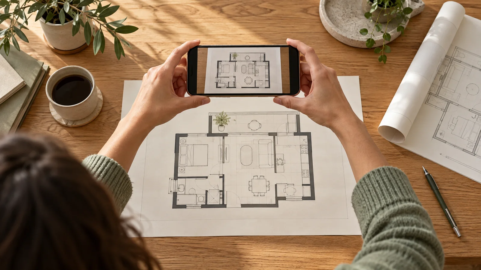 A smartphone held parallel above a flat paper floor plan