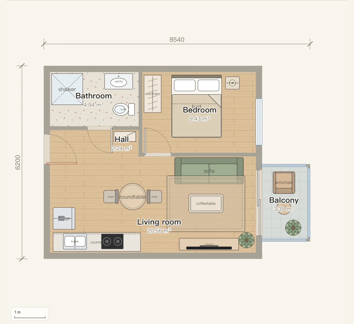 FloorPlanTo3D sample floor plan with an editable furniture layout